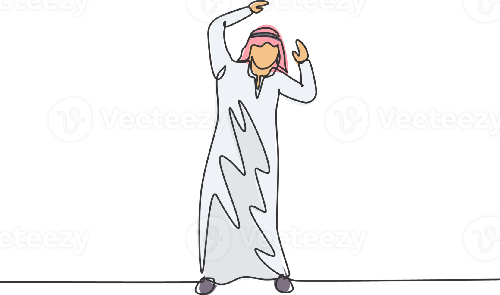 Continuous one line drawing young Arab male worker raise hands when doing business presentation. Speaker at business conference minimalist concept. Single line draw design graphic illustration png