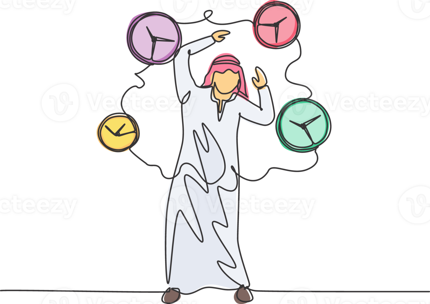 Single one line drawing of young stressful Arabian business man surrounded by flying clocks. Minimalism metaphor business deadline concept. Continuous line draw design graphic illustration. png