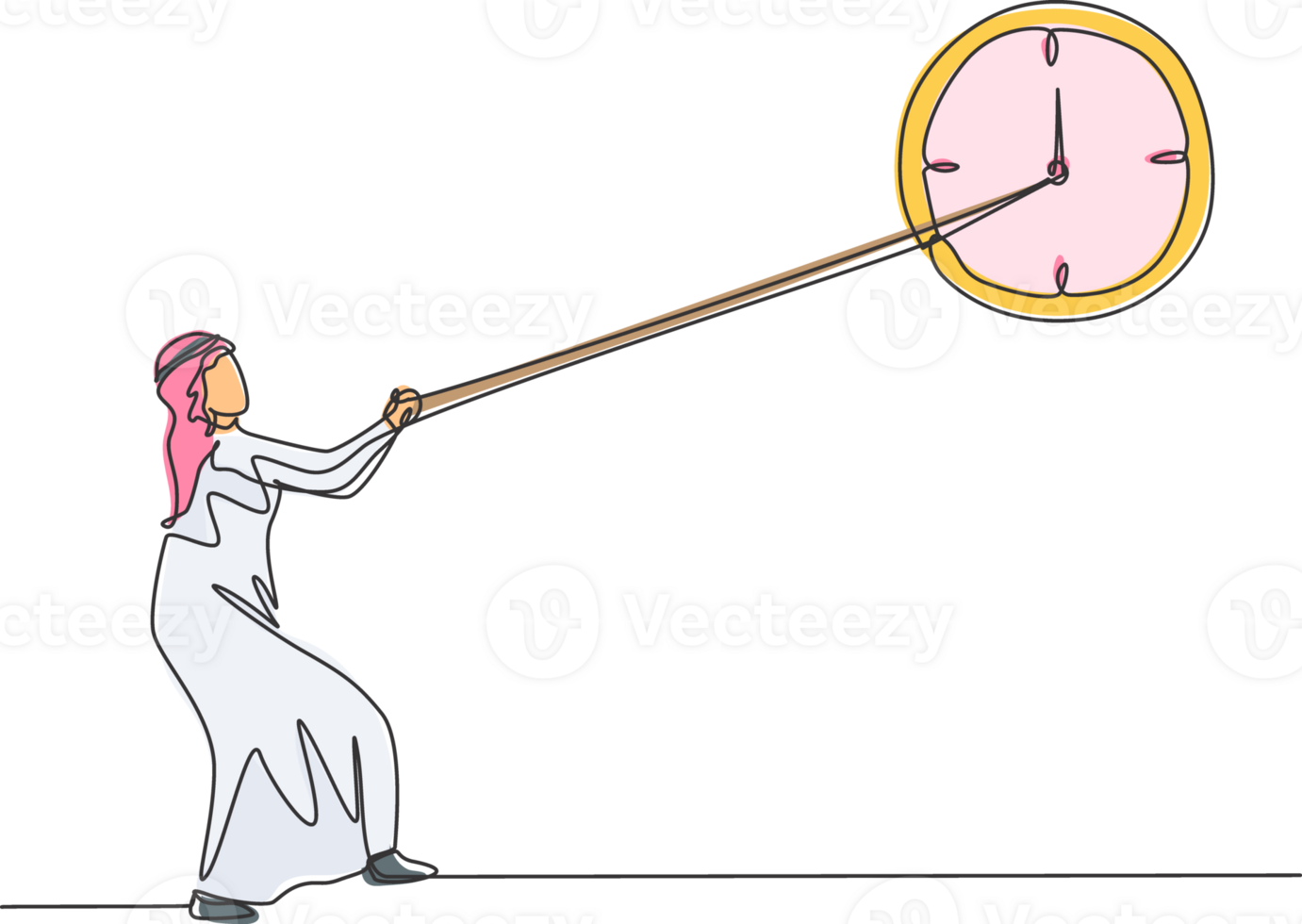 Single continuous line drawing young Arab business man pulling clockwise of big analog wall clock with rope. Time management metaphor concept. One line draw graphic design graphic illustration. png