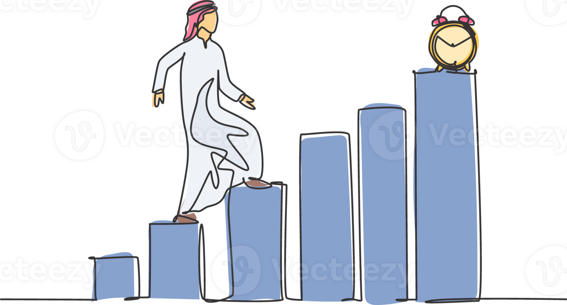 Single one line drawing of young Arabian business man walking on the graph bar to reach alarm clock. Business challenge metaphor concept. Modern continuous line draw design graphic illustration png