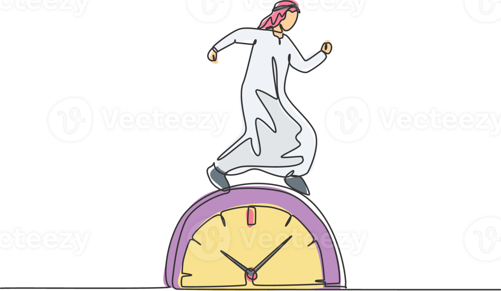 Continuous one line drawing young Arab male worker walking on the big analog clock. Minimalism metaphor business deadline concept. Single line draw design graphic illustration. png