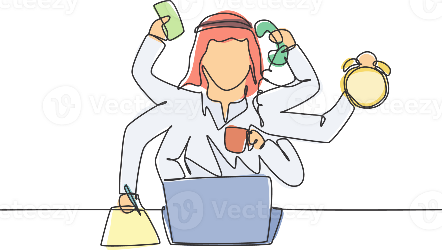 Single continuous line drawing young Arab business man with holding telephone, alarm clock, paper. Business time discipline metaphor concept. Dynamic one line draw graphic design illustration. png