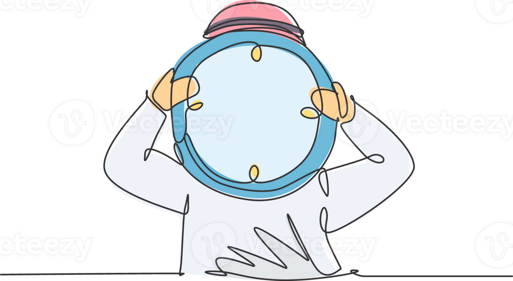 Single one line drawing of young Arabian business man holding giant analog clock in front his head. Metaphor business deadline concept. Modern continuous line draw design graphic illustration. png