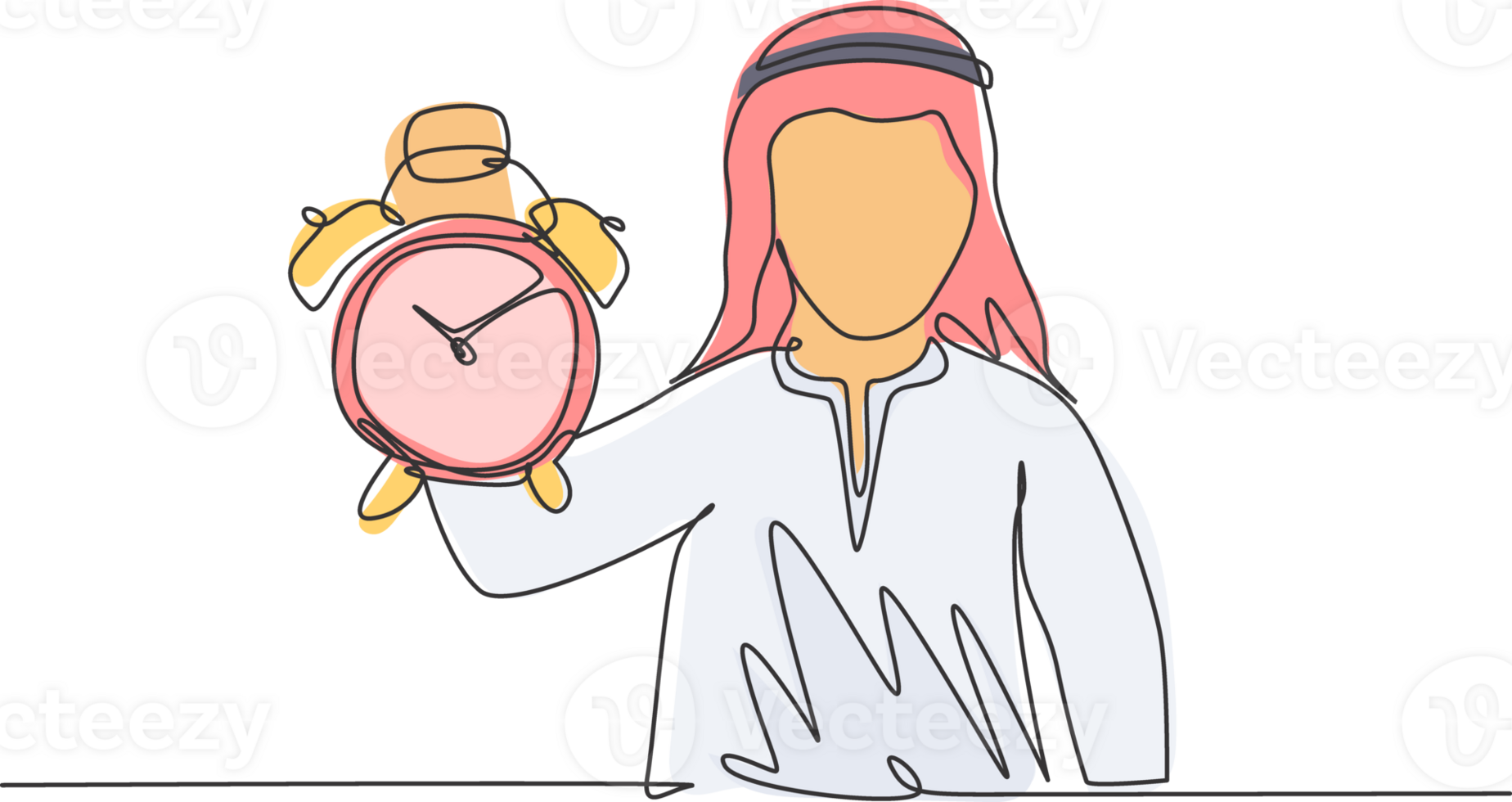 Single continuous line drawing young Arab business man holding analog alarm clock with his hand. Time management business minimalist concept. Dynamic one line draw graphic design illustration. png