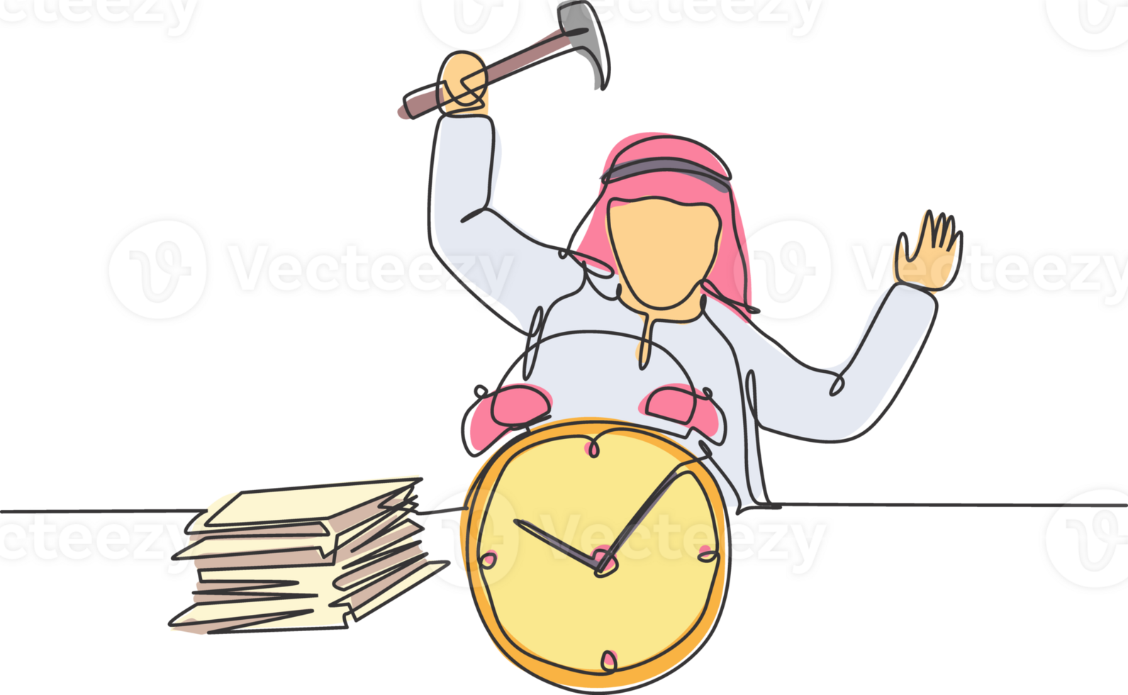 Single one line drawing of young stressful Arabian businessman hit the alarm clock with hammer. Business challenge metaphor concept. Modern continuous line draw design graphic illustration. png