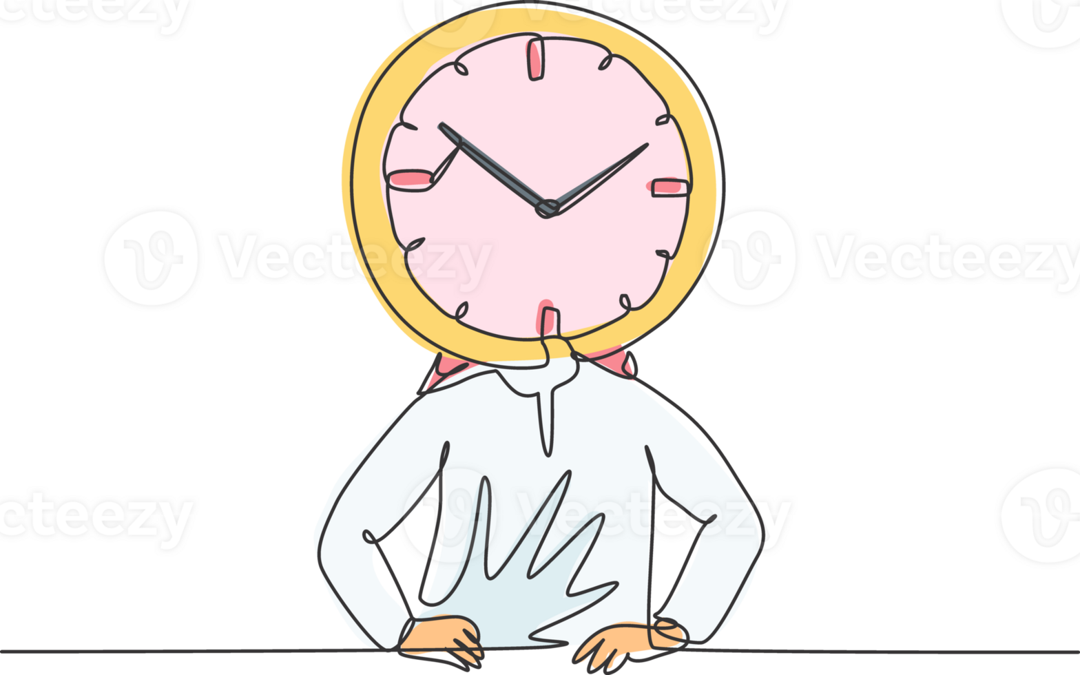 Single one line drawing of young Arabian business man with analog clock head at the office. Business time discipline metaphor concept. Modern continuous line draw design graphic illustration. png