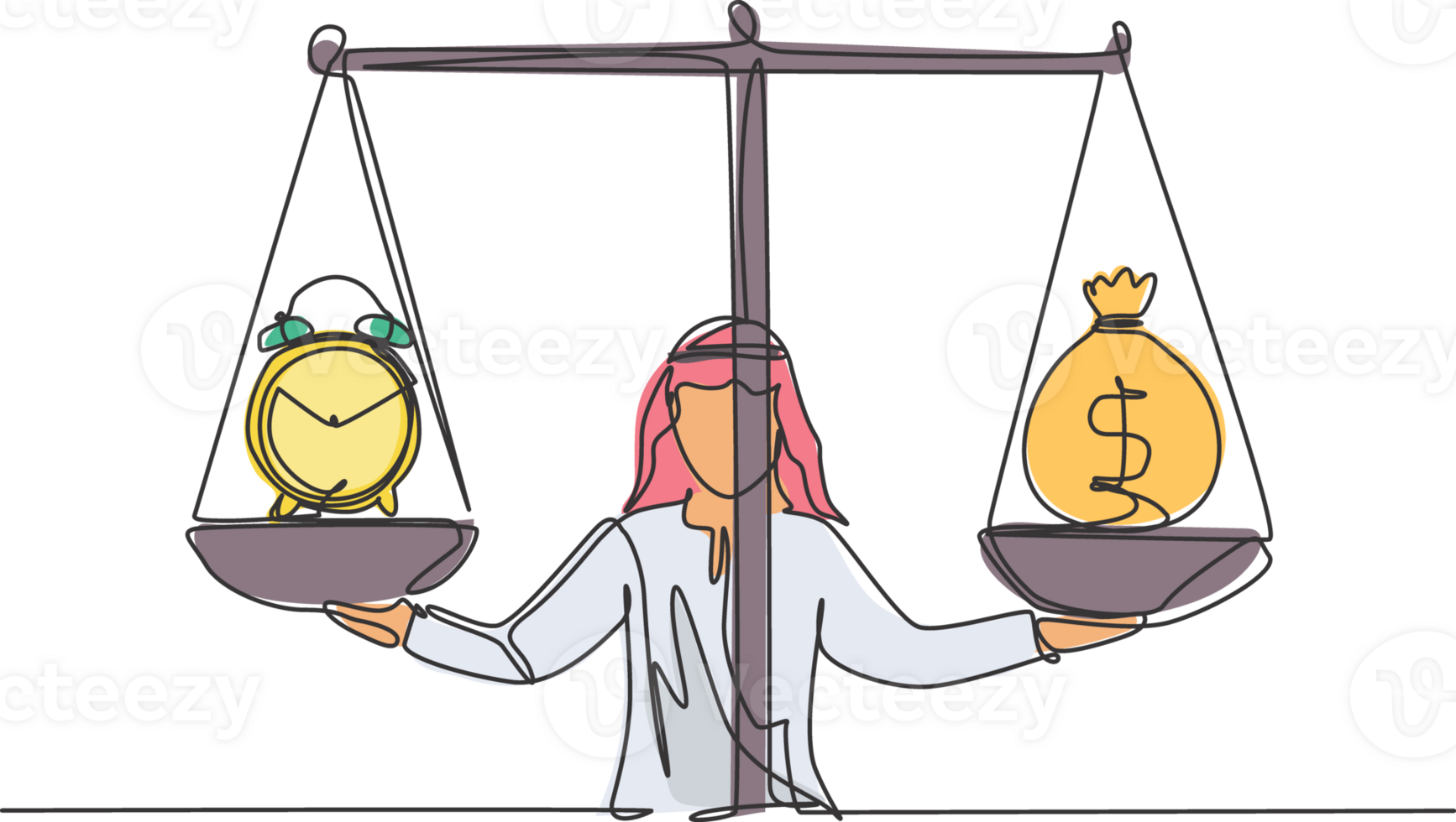 Single one line drawing of young Arabian business man weight money bag and clock with scale. Minimalism metaphor business deadline concept. Continuous line draw design graphic illustration. png