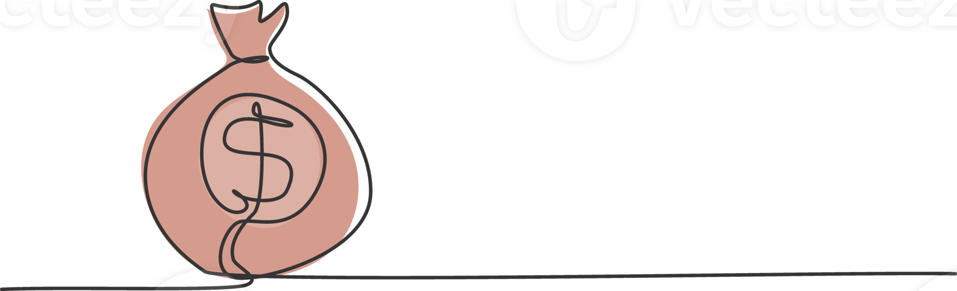 Single one line drawing of money bag on the floor with penny and paper money inside. Business wealth metaphor concept. Modern continuous line draw design graphic illustration png