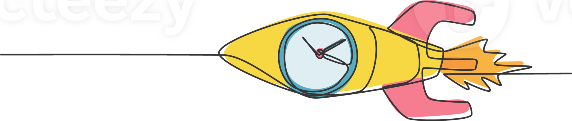 Single one line drawing of fast flying rocket with analog clock inside the object. Business time discipline metaphor concept. Modern continuous line draw design graphic illustration png