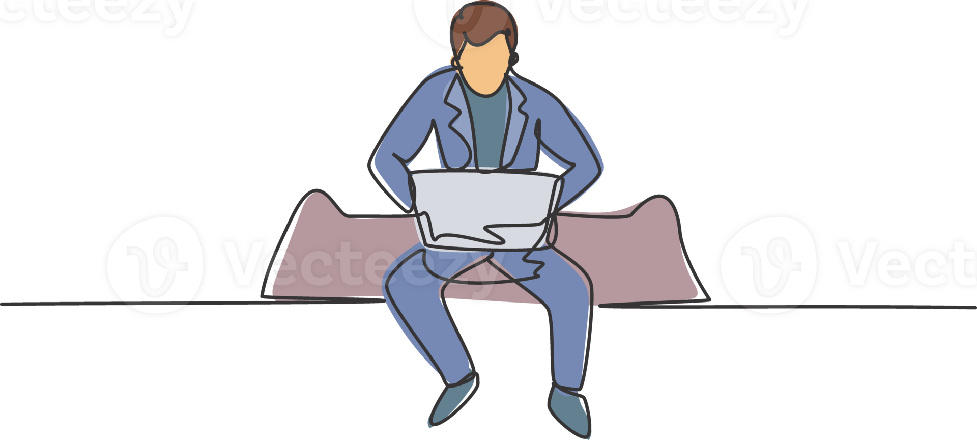 Single one line drawing of young business man sitting on sofa while typing business proposal on laptop. Manager preparing work concept. Modern continuous line draw design graphic illustration png