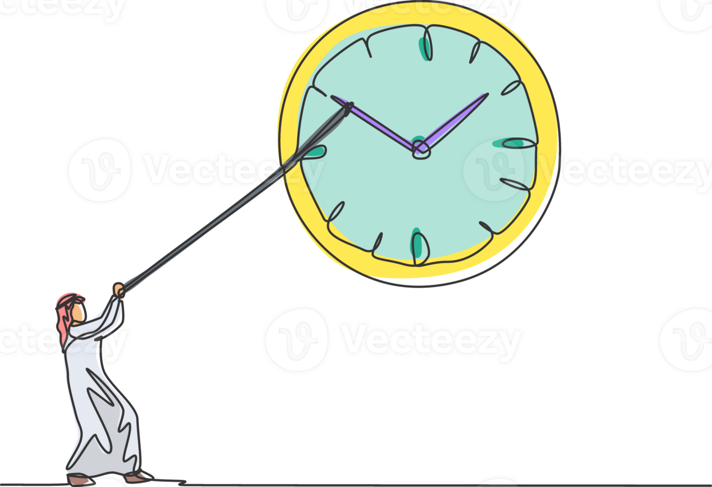 Continuous one line drawing young Arab male worker pulling clockwise big analog wall clock with rope. Time management business minimalist concept. Single line draw design graphic illustration. png