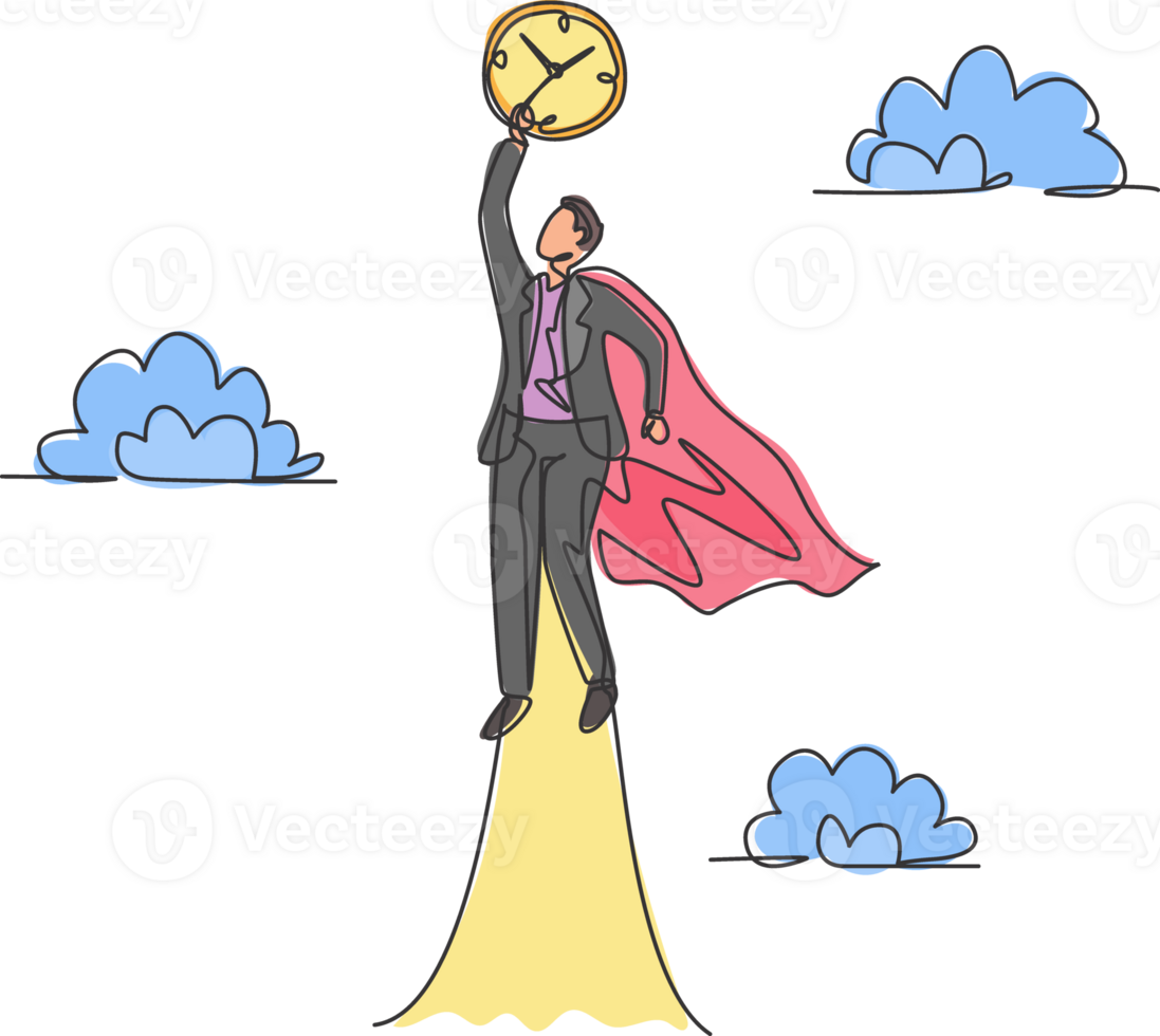 Single continuous line drawing young business man flying to the sky to reach analog clock. Minimalism metaphor business deadline concept. Dynamic one line draw graphic design illustration png