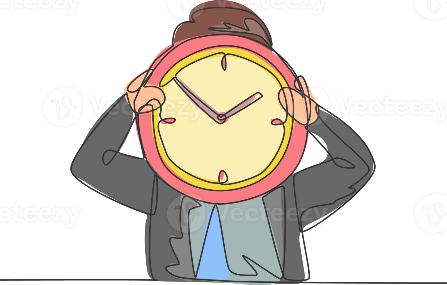 Single continuous line drawing young business man holding giant analog clock in front his head. Minimalism metaphor business deadline concept. Dynamic one line draw graphic design illustration png
