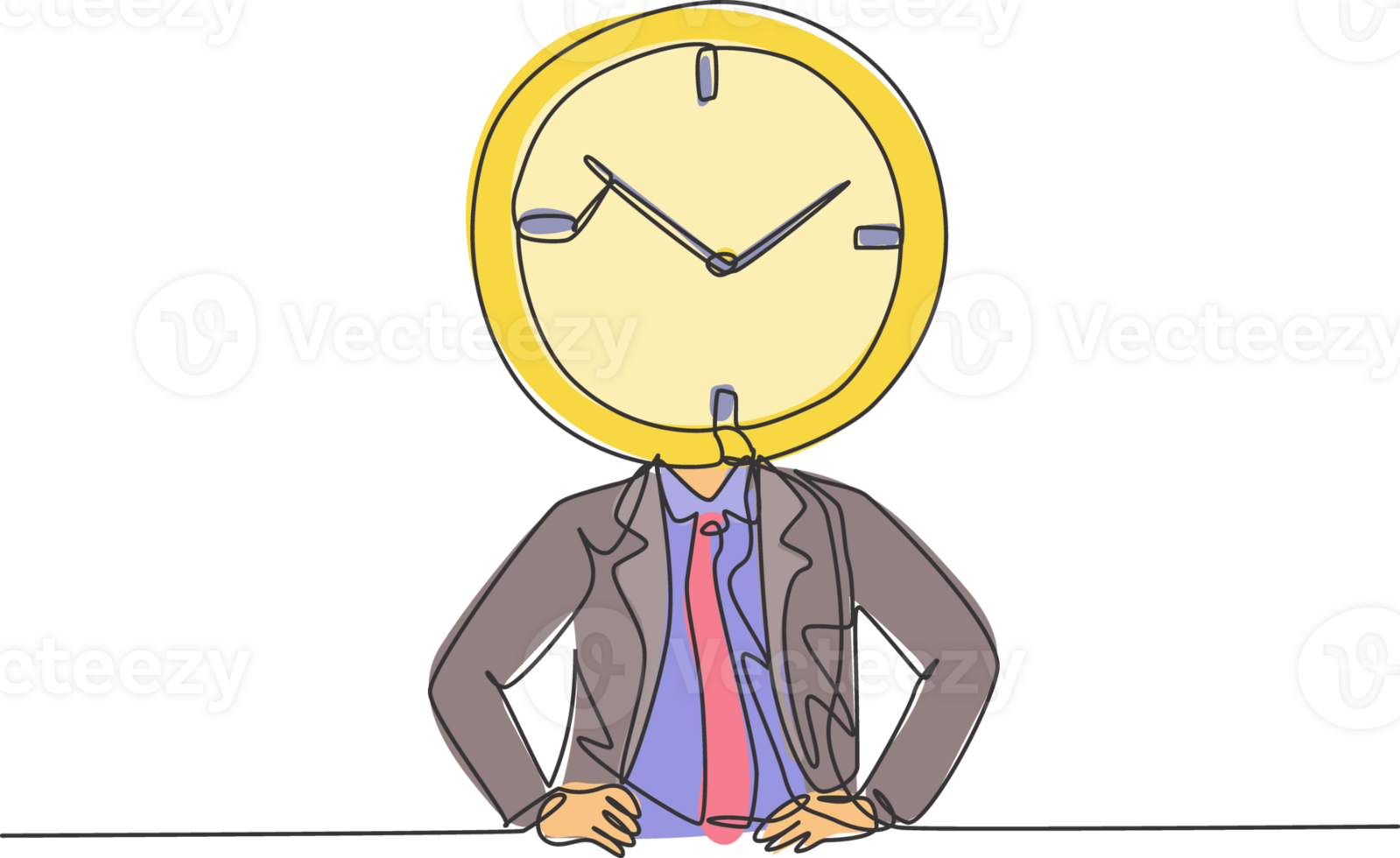 Single one line drawing of young business man with analog clock head at the office. Business time discipline metaphor concept. Modern continuous line draw design graphic illustration png
