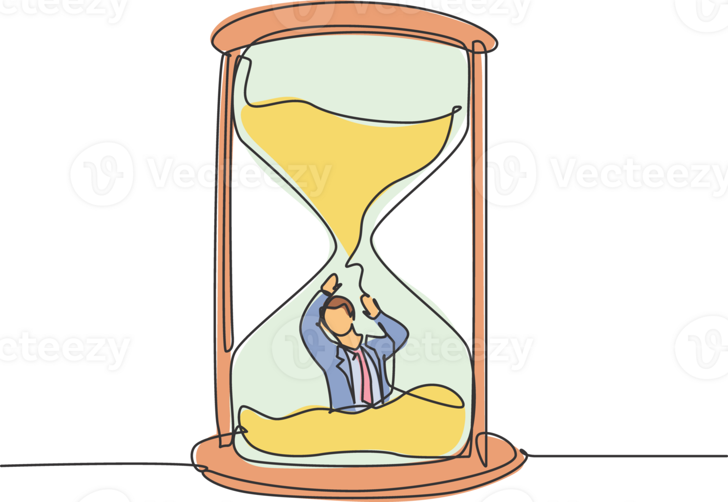 Single continuous line drawing young business man buried inside sandglass and asking for help . Minimalism metaphor business deadline concept. Dynamic one line draw graphic design illustration png