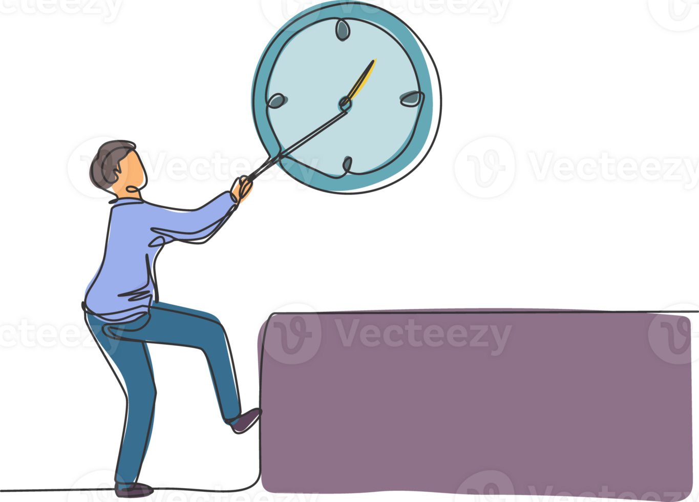 Continuous one line drawing young male worker pulling clockwise big analog clock on the wall. Time management business minimalist concept. Single line draw design graphic illustration png