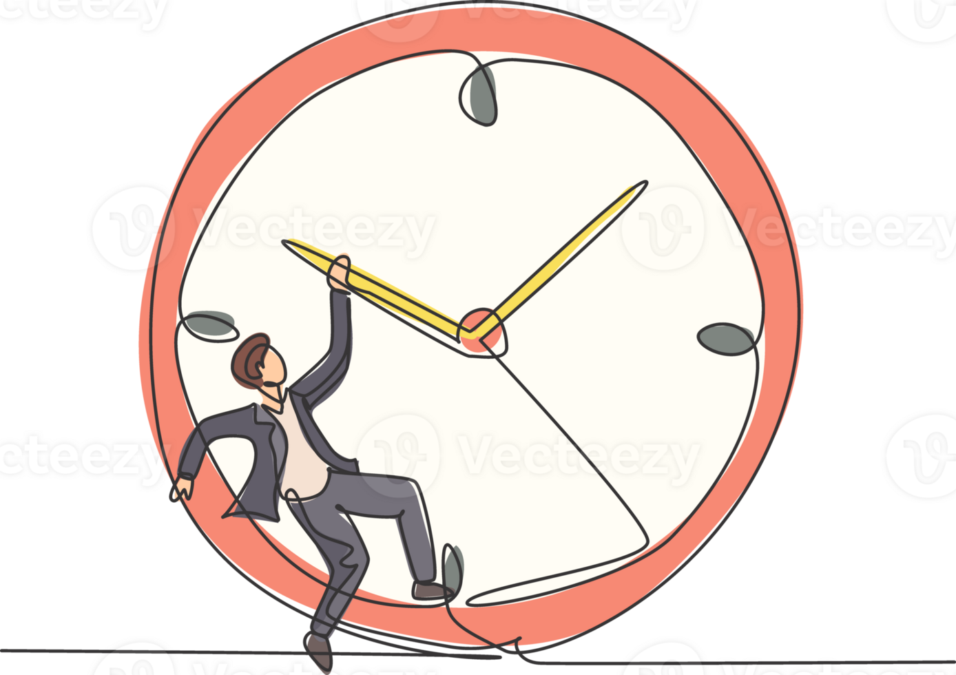 Single one line drawing of young business man hanging on clockwise of giant analog clock. Business time discipline metaphor concept. Modern continuous line draw design graphic illustration png