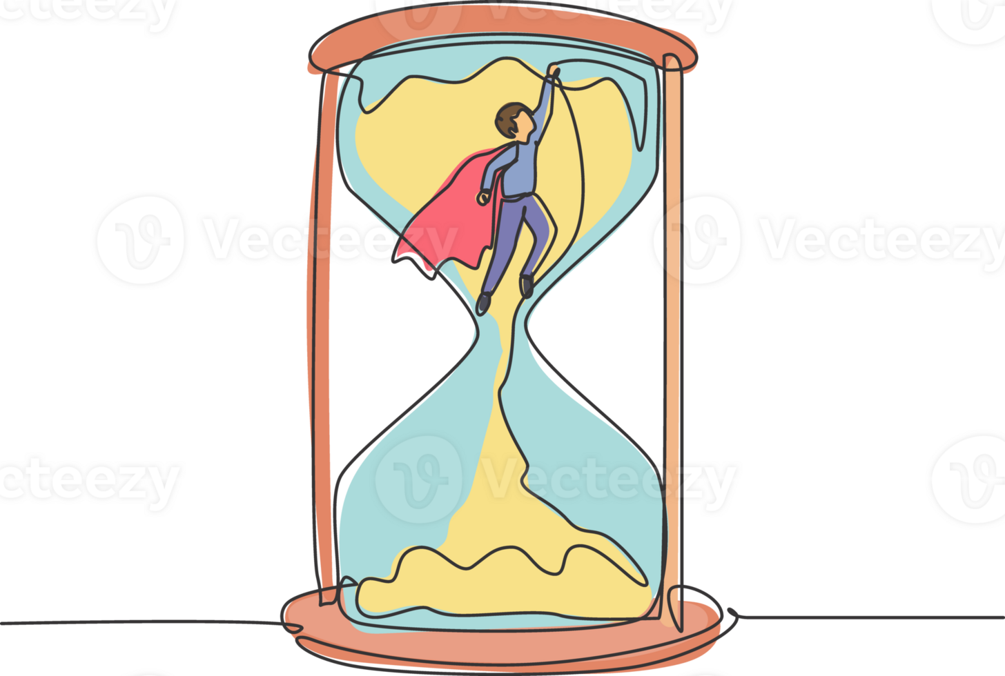 Single continuous line drawing young business man with wing flying to get out from hourglass. Minimalism metaphor business deadline concept. Dynamic one line draw graphic design illustration png