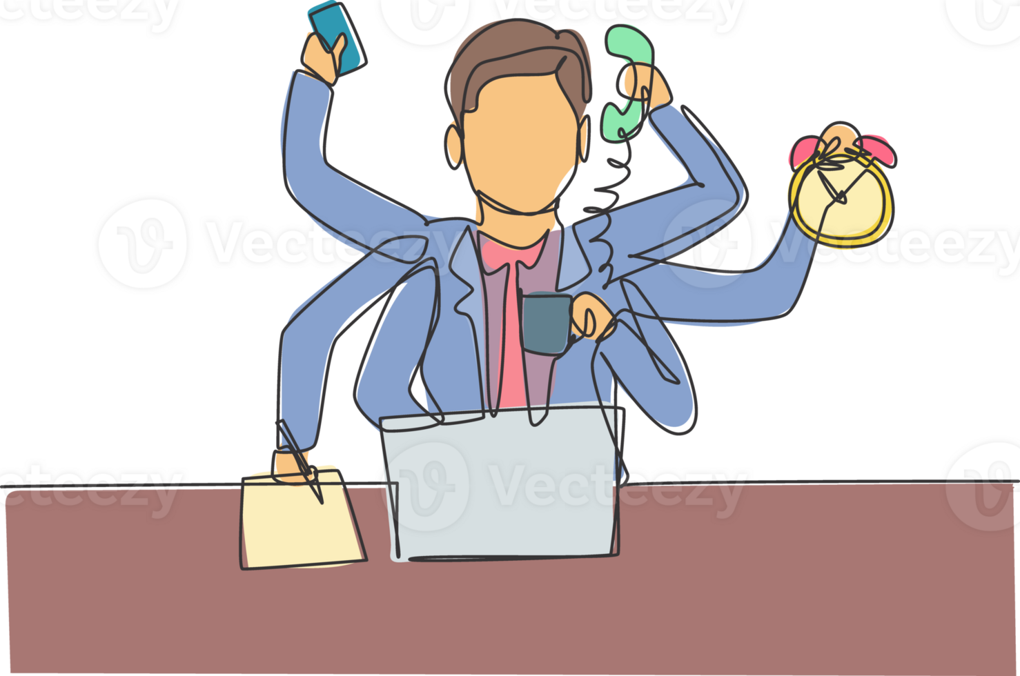 Single one line drawing of busy young business man with holding telephone, alarm clock, paper. Business time discipline metaphor concept. Modern continuous line draw design graphic illustration png