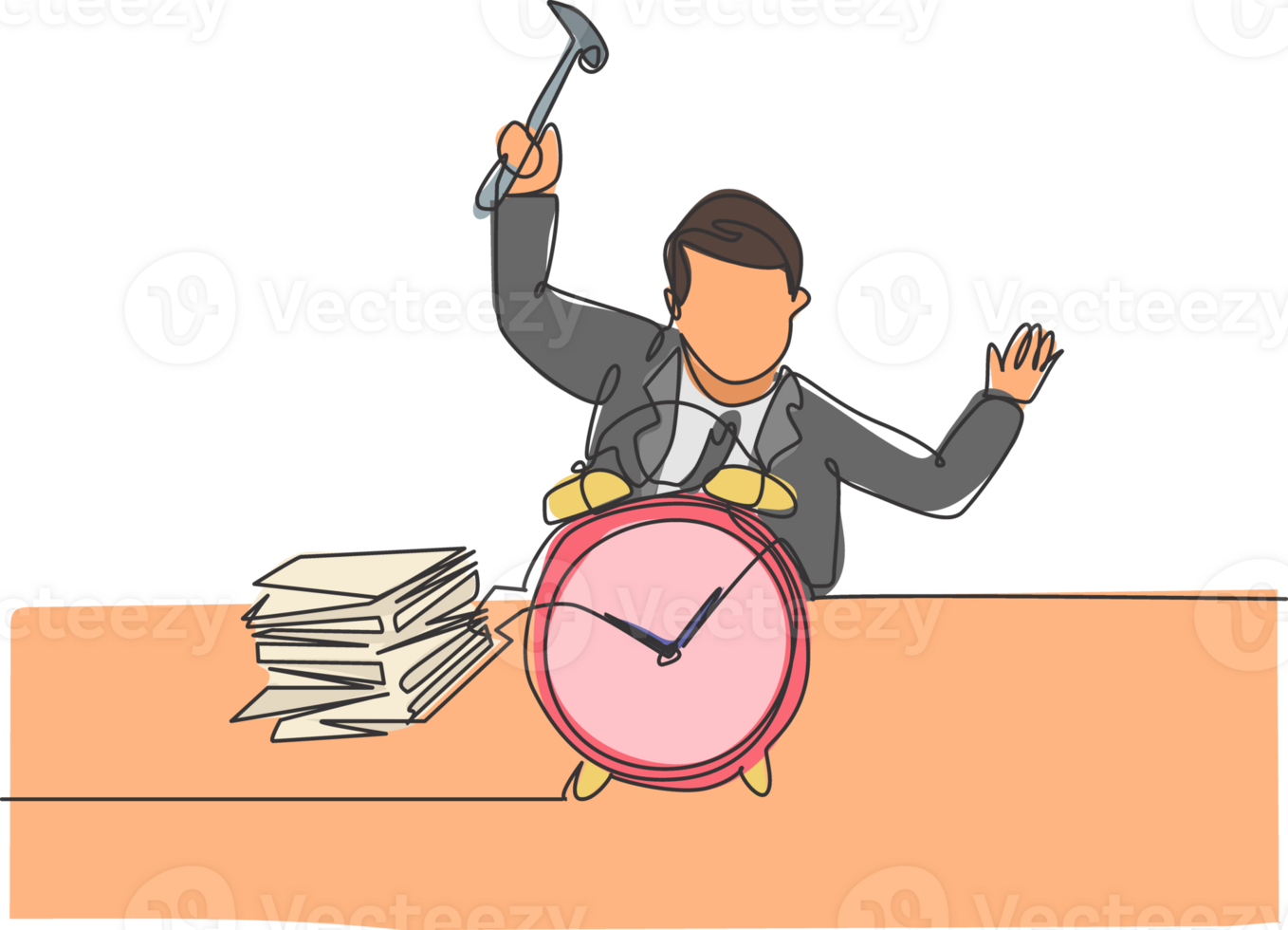 Single continuous line drawing young stressful business man hit the alarm clock with hammer. Minimalism metaphor business deadline concept. Dynamic one line draw graphic design illustration png