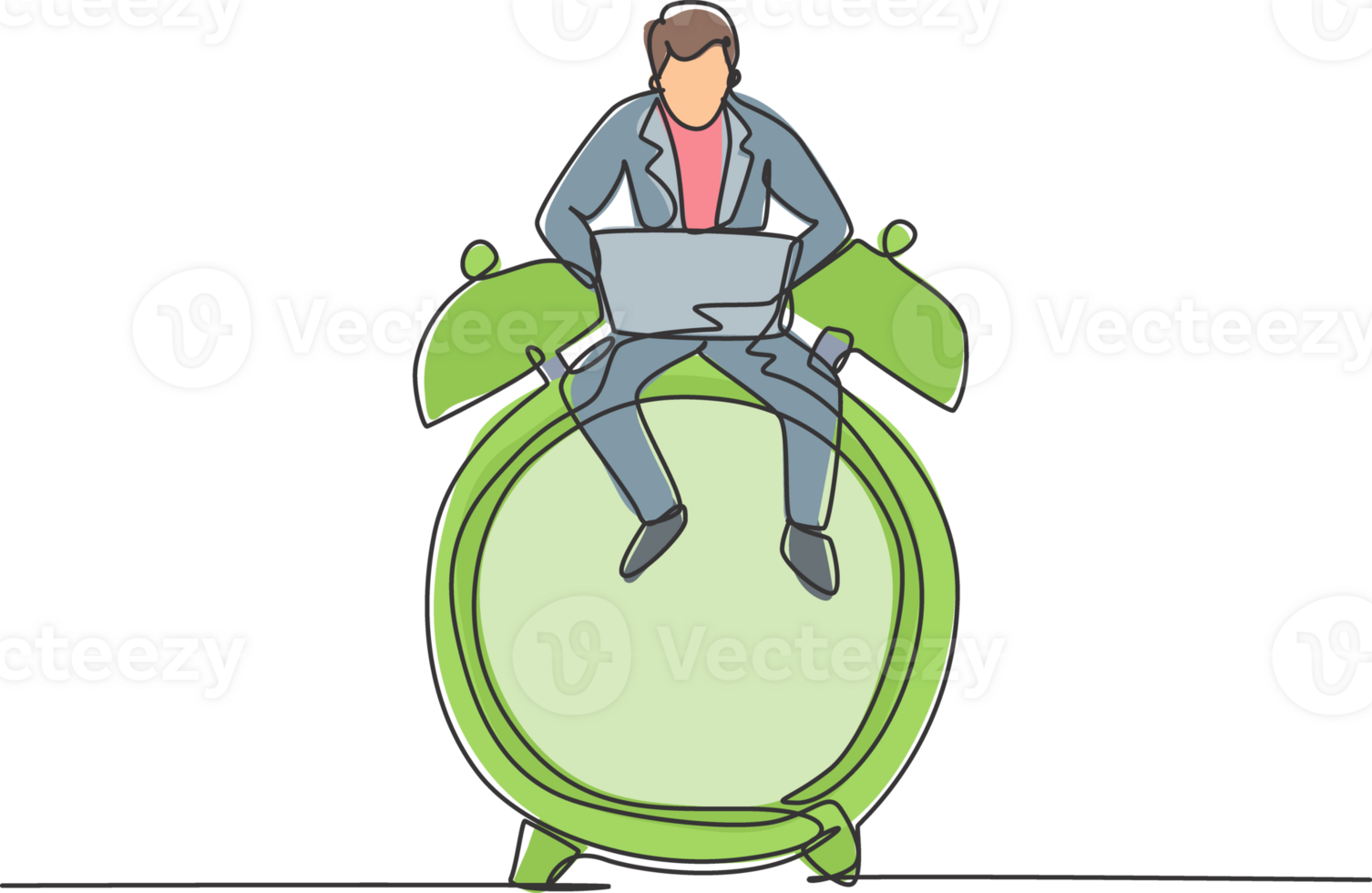 Single one line drawing of young business man sitting on big analog alarm clock and typing on laptop. Business time discipline metaphor concept. Continuous line draw design graphic illustration png