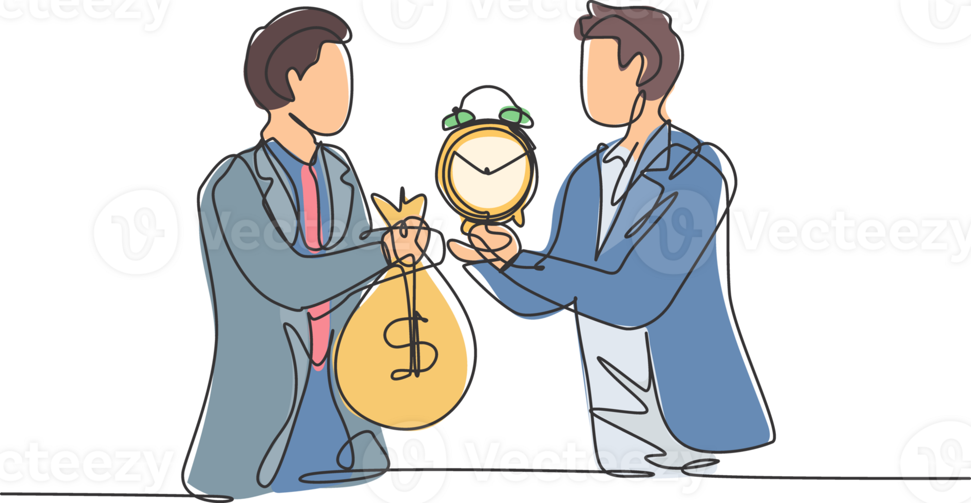 Continuous one line drawing of two young male workers exchange money bag and analog alarm clock. Time management business barter minimalist concept. Single line draw design graphic illustration png