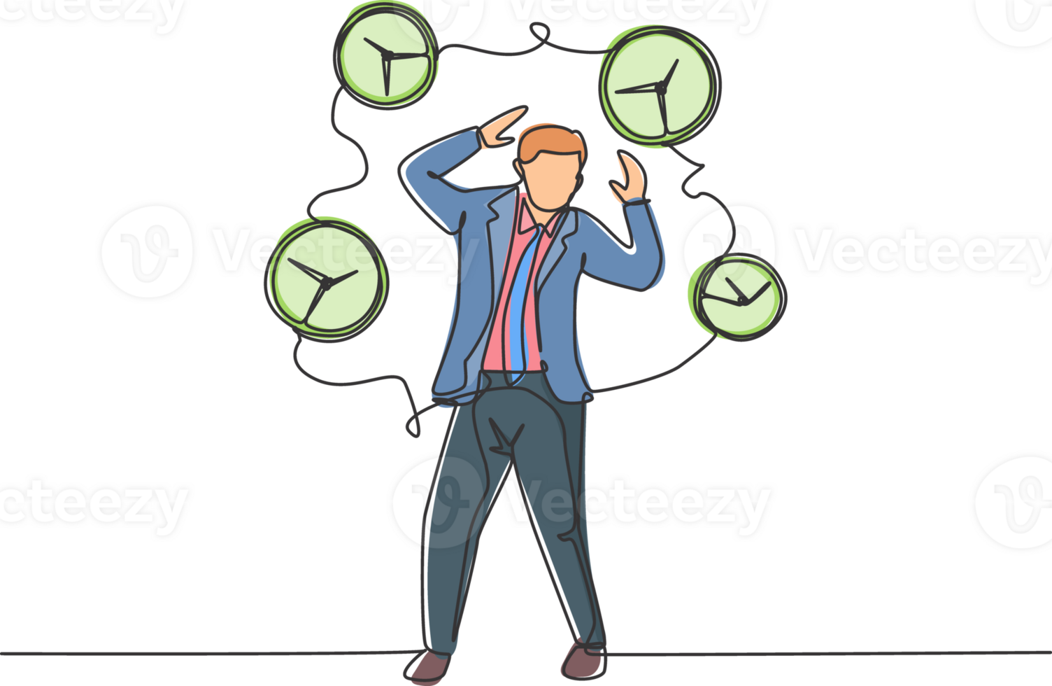 Single continuous line drawing young stressful business man surrounded by flying analog clocks. Minimalism metaphor business deadline concept. Dynamic one line draw graphic design illustration png