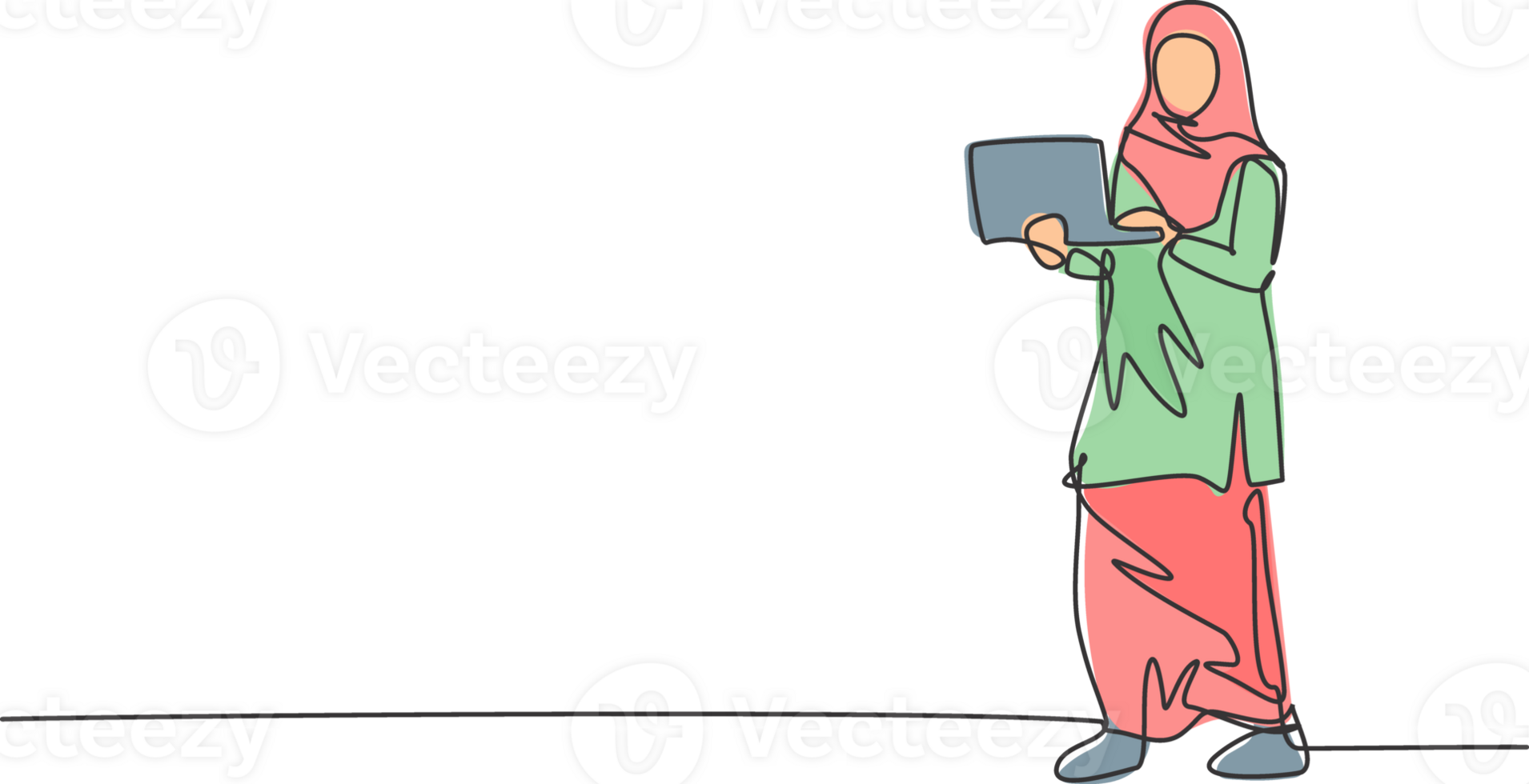 Single continuous line drawing young Arab business woman standing and holding laptop to present business presentation. Minimalism metaphor concept. One line draw graphic design illustration png