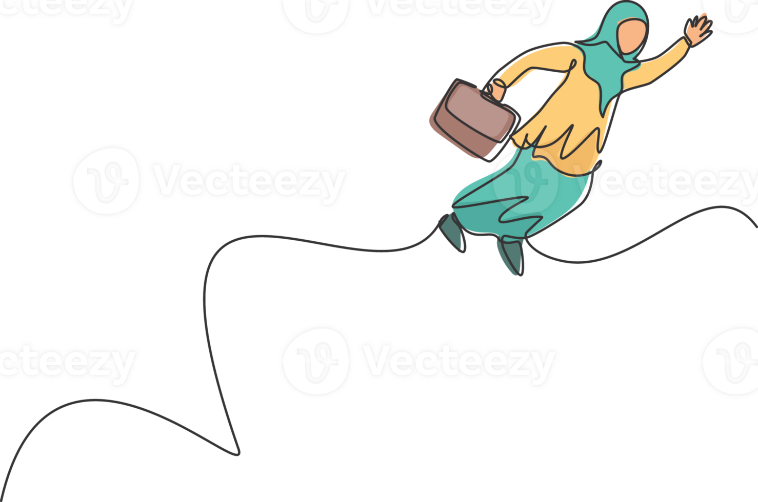Célibataire continu ligne dessin Jeune arabe affaires femme sauter haute à mouche à le ciel. Succès affaires directeur. minimalisme métaphore concept. dynamique un ligne dessiner graphique conception illustration png