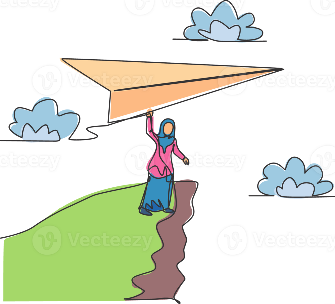 Single one line drawing of young Arab business woman holding giant paper plane on cliff. Business challenge. Minimal metaphor concept. Modern continuous line draw design graphic  illustration png