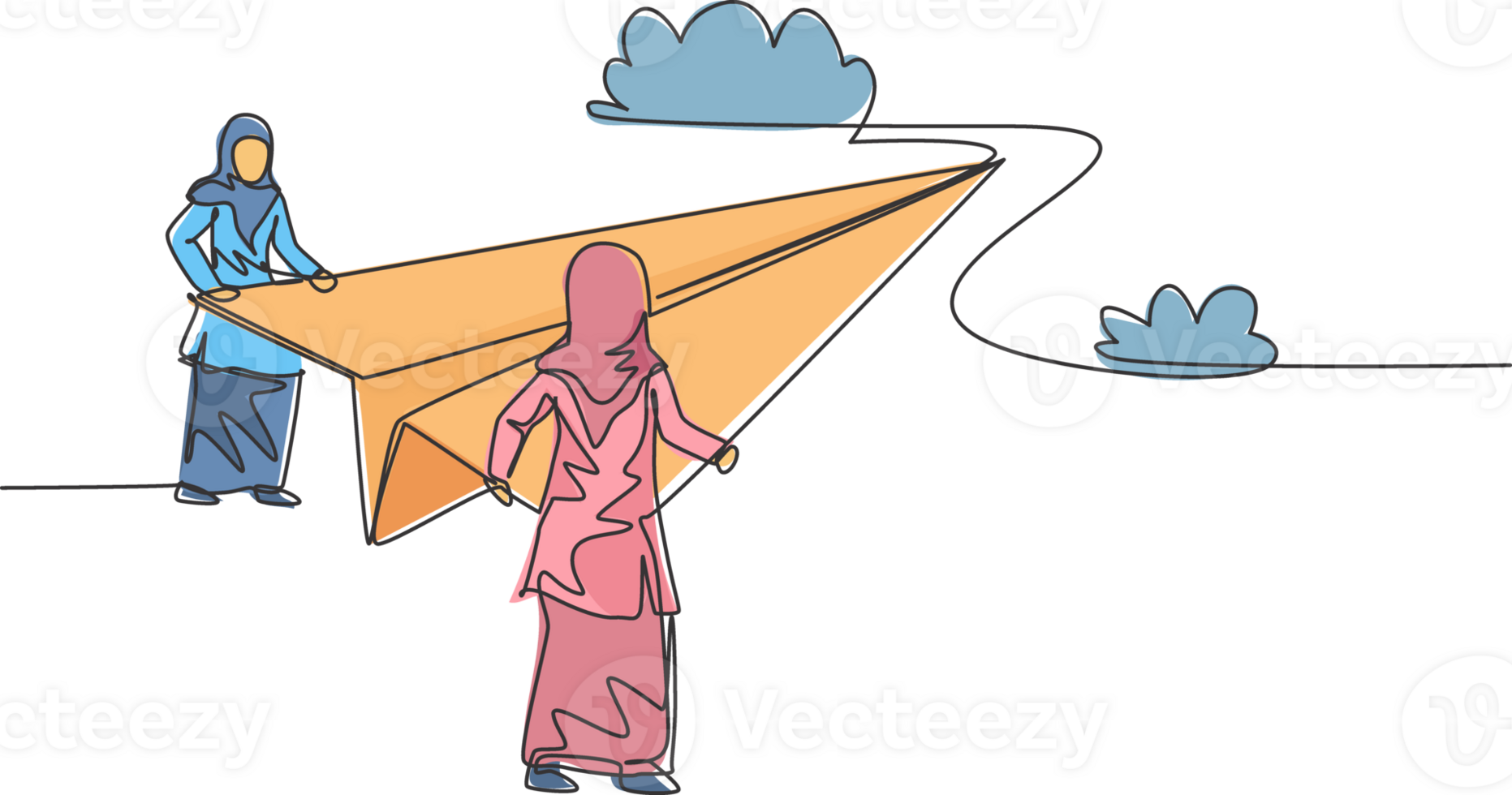 Continuous one line drawing young Arab female worker holding paper plane at top of the hill. Success business manager. Minimalist metaphor concept. Single line draw design graphic illustration png