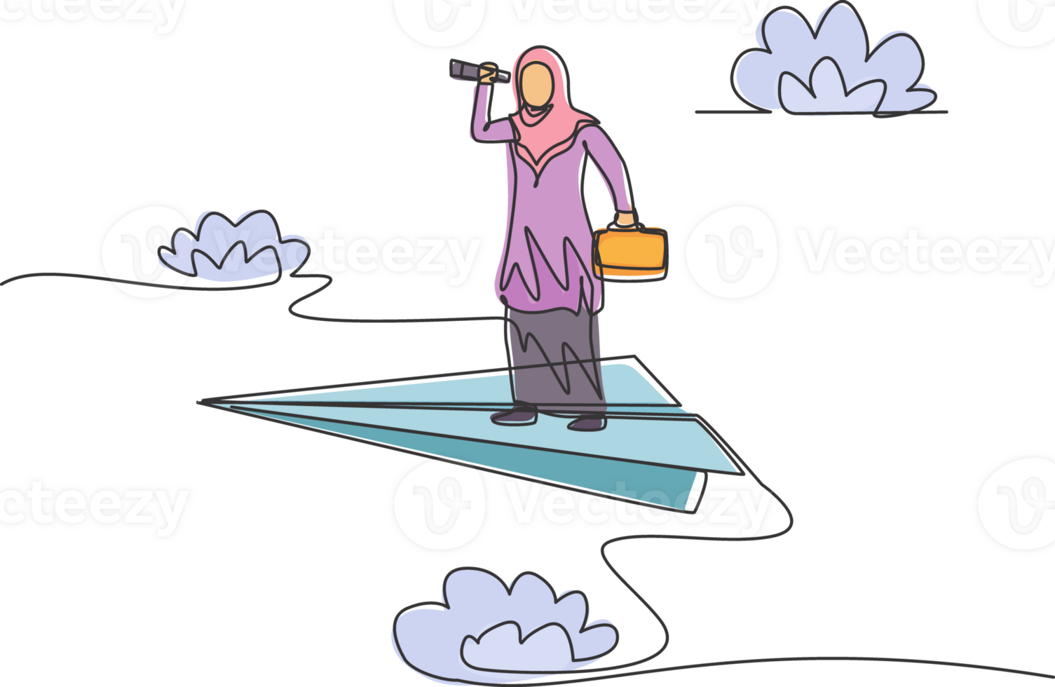 Single continuous line drawing young Arab business woman analyze market situation on flying paper plane. Minimalism metaphor concept. Dynamic one line draw graphic design illustration png