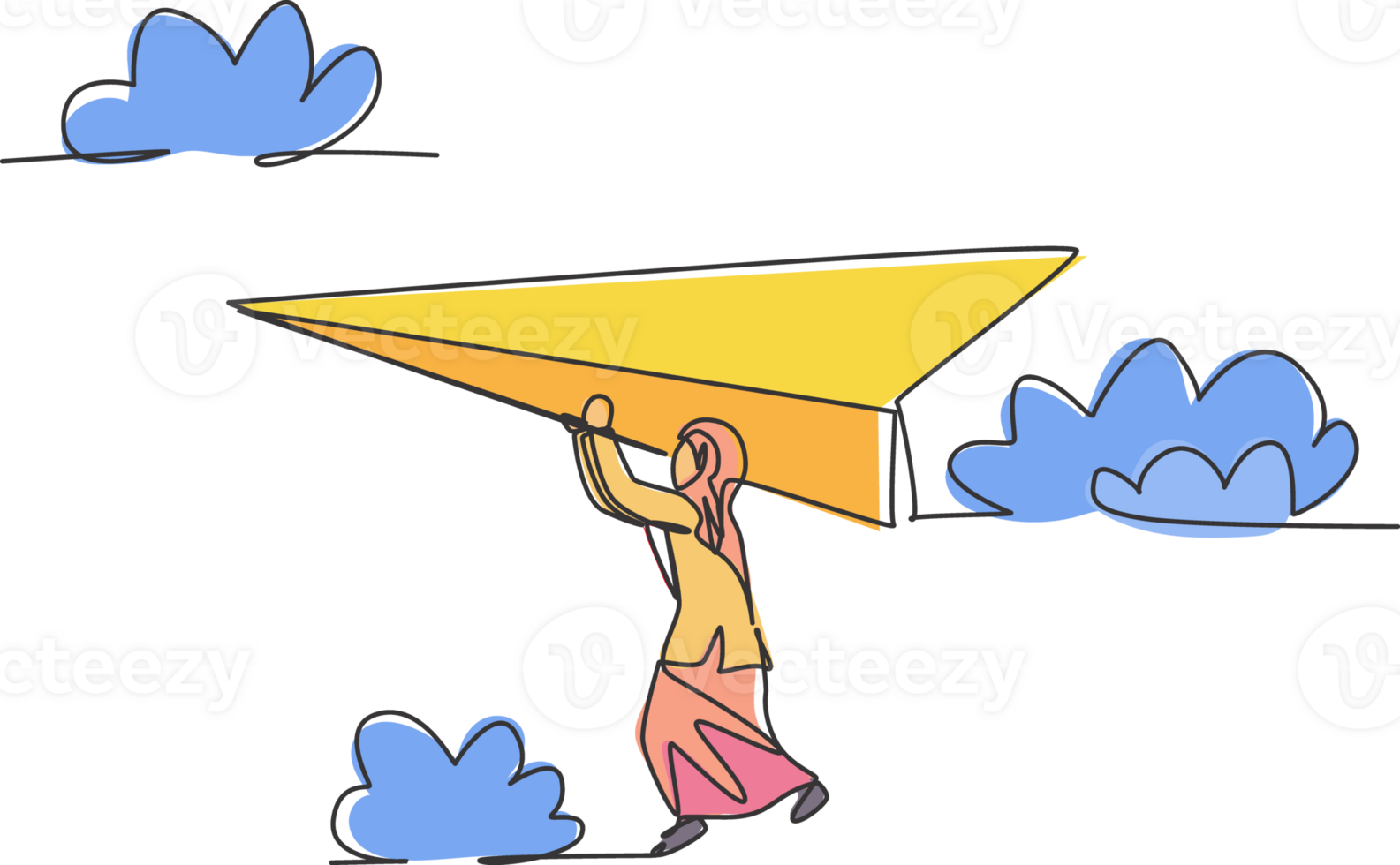 continuo uno linea disegno giovane arabo femmina lavoratore Tenere su volante carta aereo. attività commerciale sfida. minimalista metafora concetto. singolo linea disegnare design grafico illustrazione png
