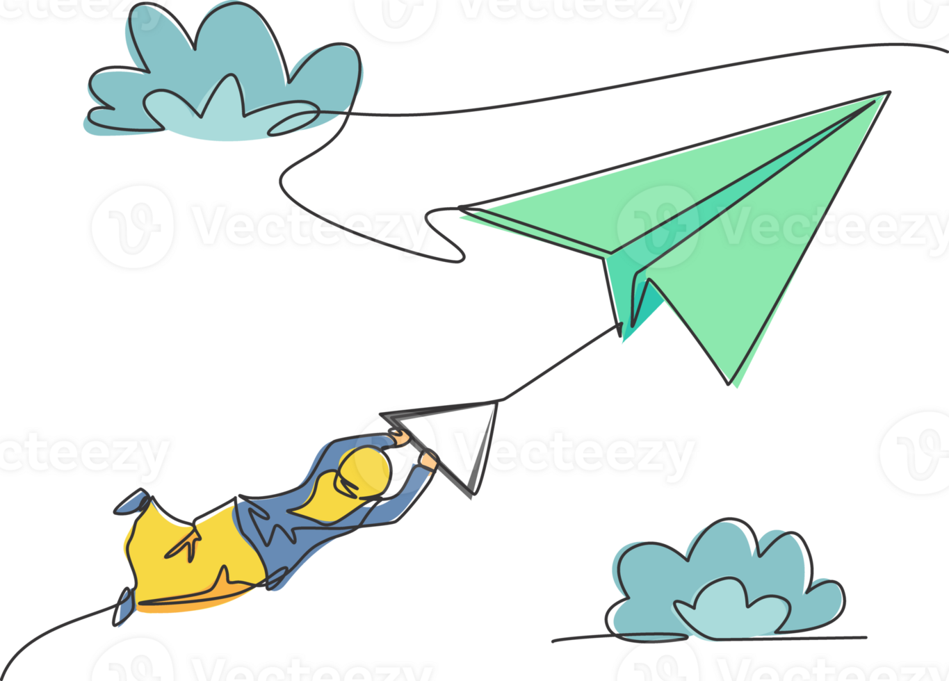 single een lijn tekening van jong Arabisch bedrijf vrouw hangende Aan papier vliegtuig. bedrijf uitdaging minimaal metafoor concept. modern doorlopend lijn trek ontwerp grafisch illustratie png