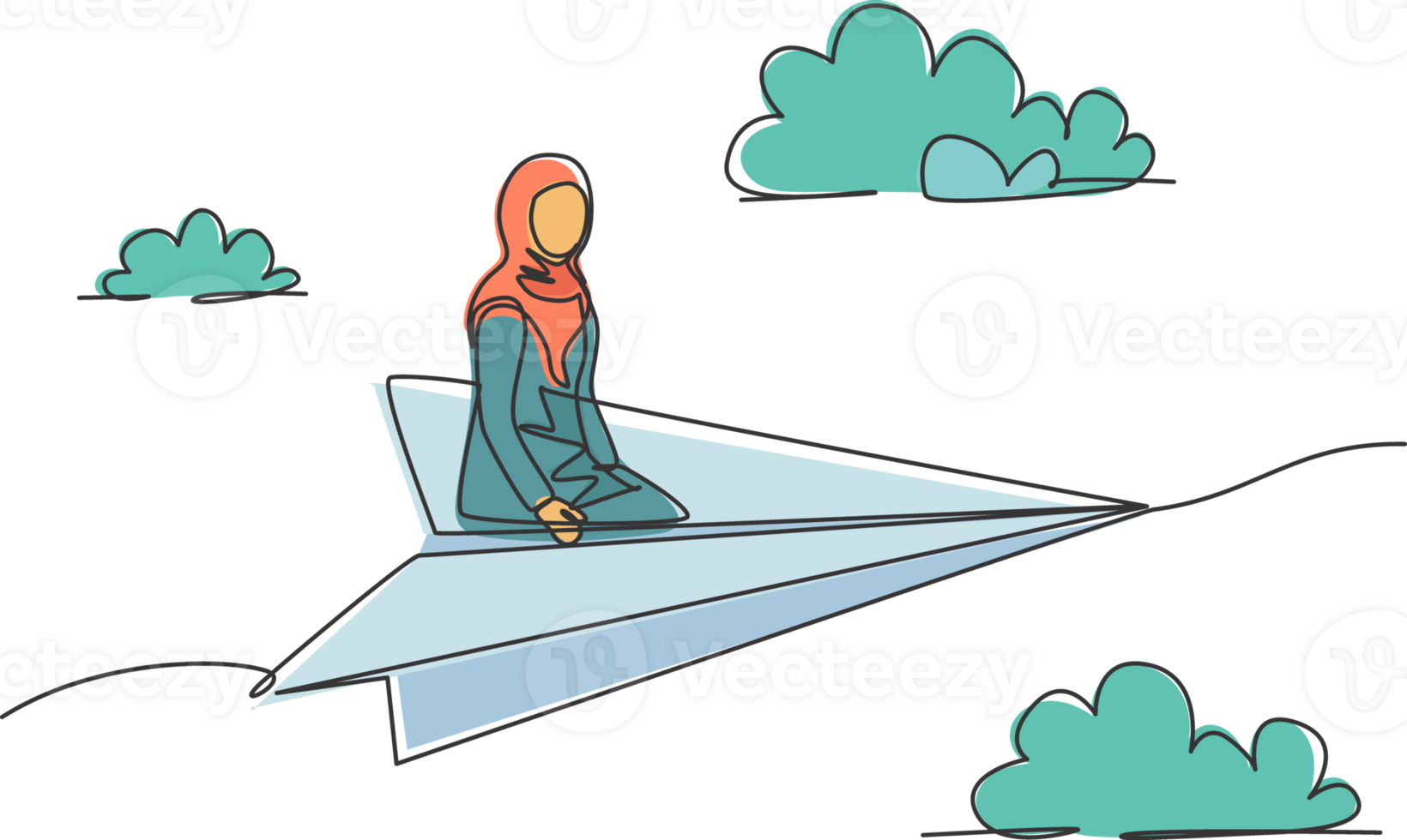 Single continuous line drawing young Arab business woman sitting relax on flying paper plane to do business trip. Minimalism metaphor concept. Dynamic one line draw graphic design illustration png