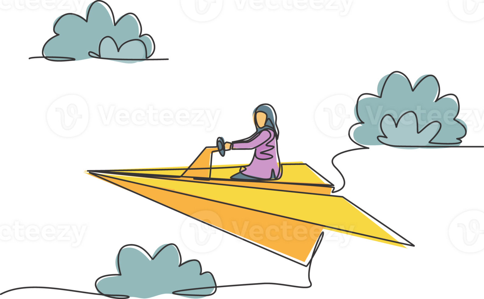 Single continuous line drawing young Arab business woman sitting and driving paper plane. Business travel trip. Minimalism metaphor concept. Dynamic one line draw graphic design illustration png