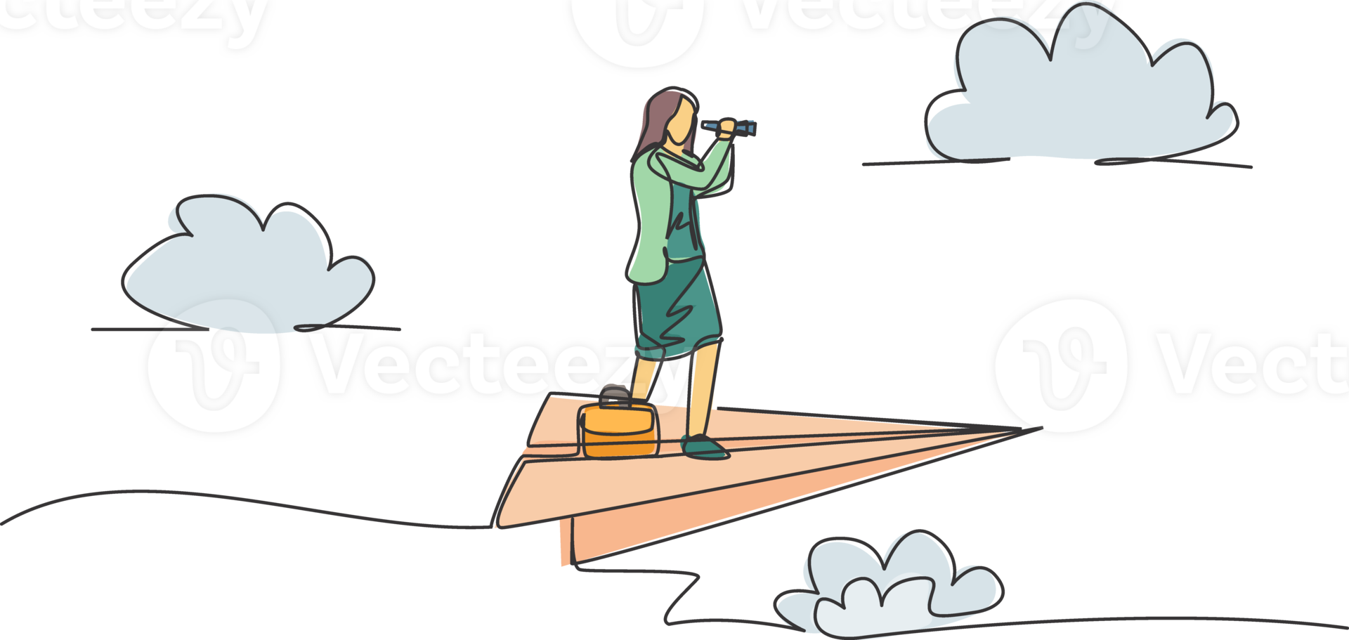 Célibataire continu ligne dessin Jeune affaires femme en volant avec papier avion tandis que analyser marché. Succès entrepreneur. minimalisme métaphore concept. un ligne dessiner graphique conception illustration png