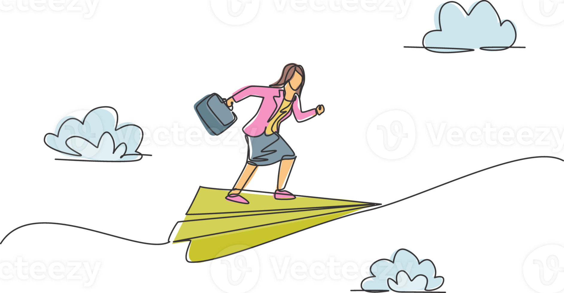 Single einer Linie Zeichnung jung Geschäftsfrau fliegend auf Papier Flugzeug bereit zu Verfolgungsjagd Geschäft Ziel. Geschäft Vision. Metapher minimal Konzept. kontinuierlich Linie zeichnen Design Grafik Illustration png