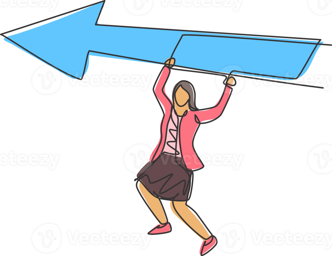 Single continuous line drawing young business woman hanging on up arrow sign. Professional entrepreneur challenge. Minimalism metaphor concept. Dynamic one line draw graphic design illustration png