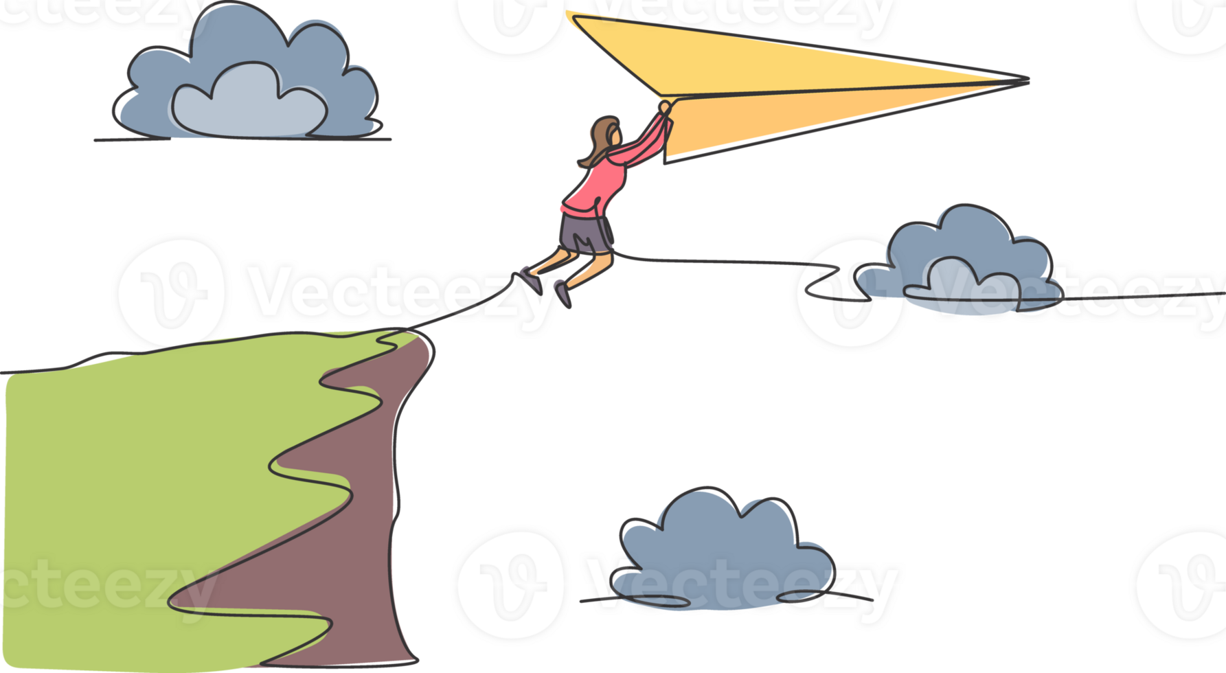 continuo uno línea dibujo joven hembra trabajador saltar a volador papel avión desde parte superior acantilado. éxito negocio gerente. metáfora minimalista concepto. soltero línea dibujar diseño gráfico ilustración png