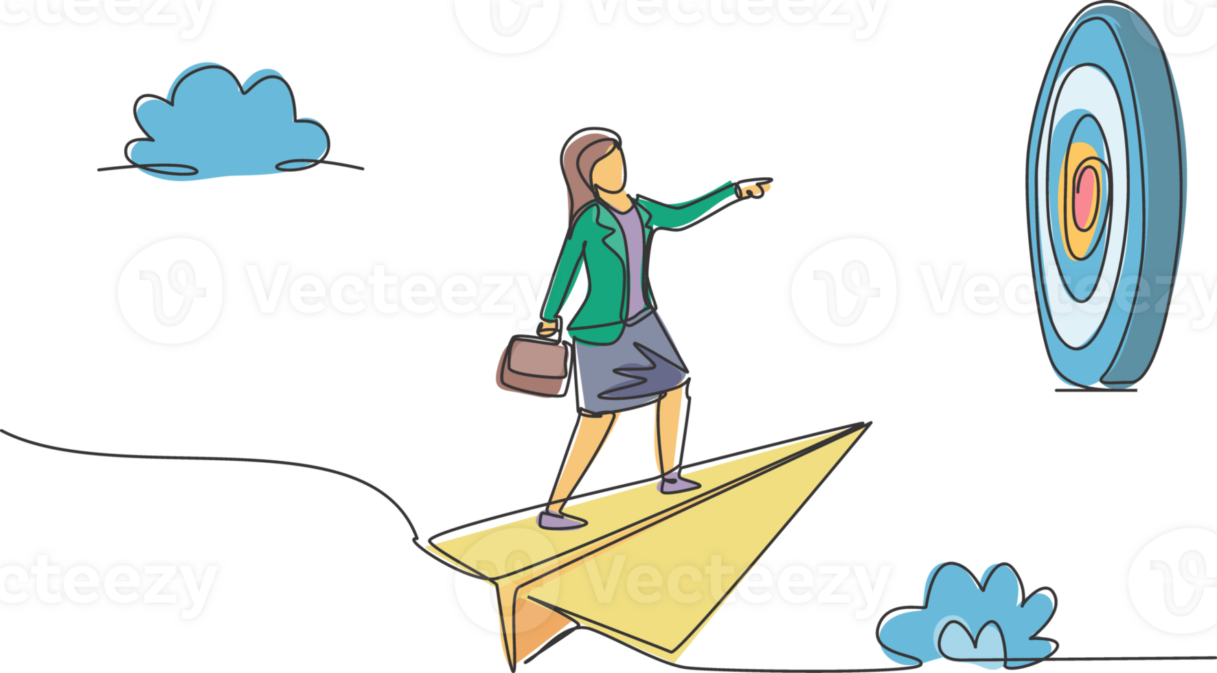 Continuous one line drawing young female worker focus flying with paper plane to hit business target. Success manager. Metaphor minimalist concept. Single line draw design graphic illustration png
