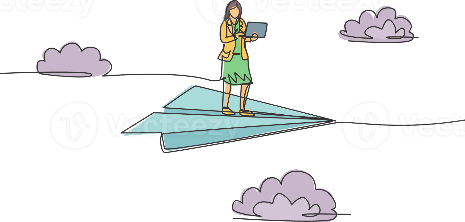 Continuous one line drawing young female worker holding laptop while flying with paper plane. Success business manager. Metaphor minimalist concept. Single line draw design graphic illustration png