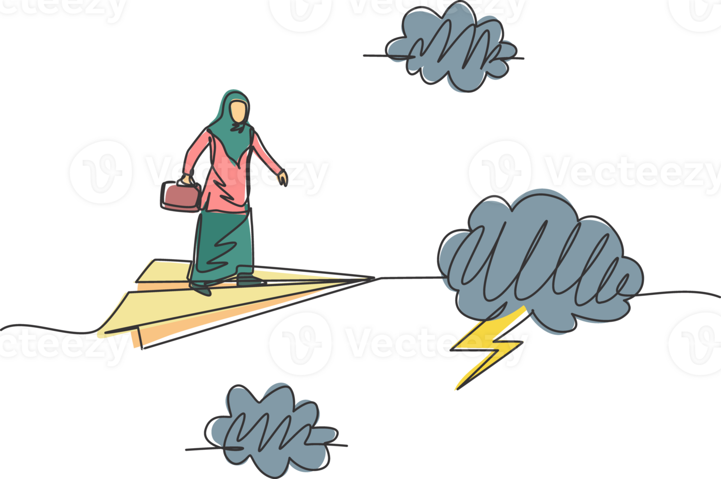 Single one line drawing of young Arab business woman on flying paper plane through storm. Business challenge. Minimal metaphor concept. Modern continuous line draw design graphic illustration png