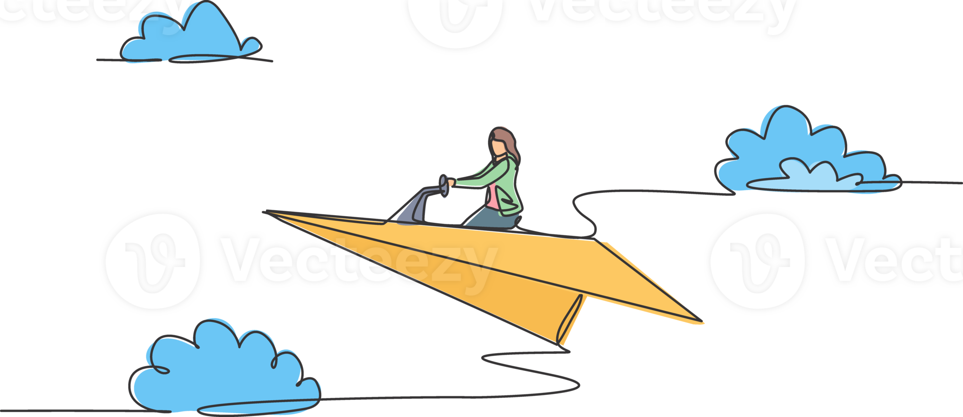 Single continuous line drawing young business woman ride paper plane to achieve business goal. Professional entrepreneur. Minimalism metaphor concept. One line draw graphic design illustration png