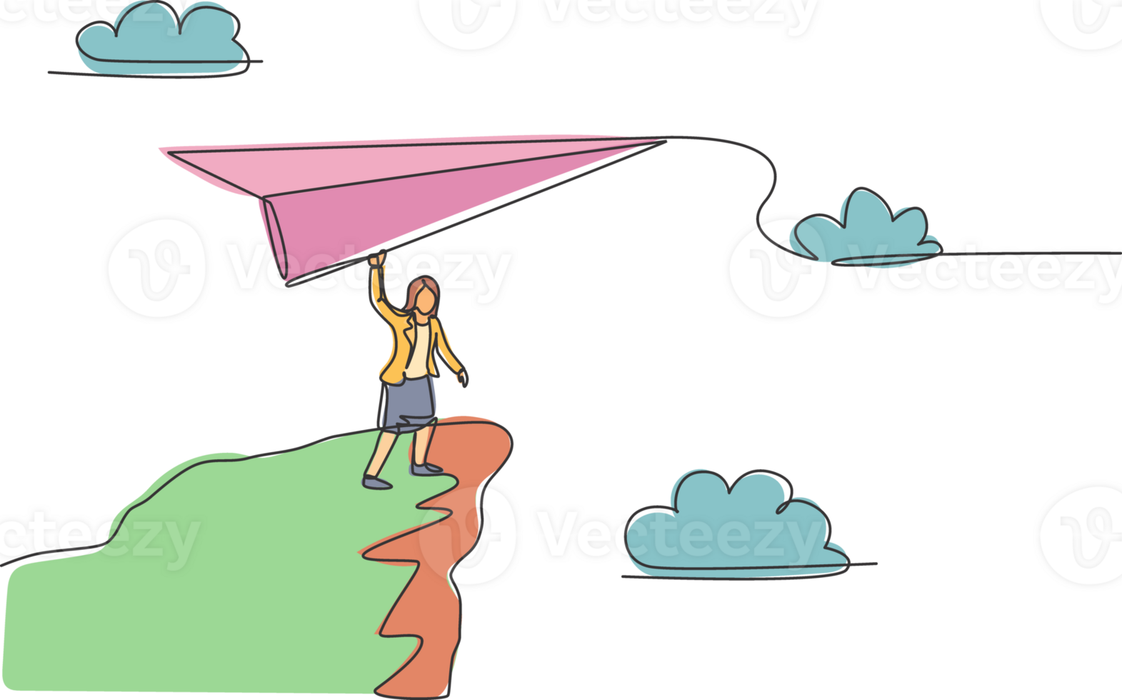 Continuous one line drawing young female worker fly paper plane from top cliff edge. Success business manager. Metaphor minimalist concept. Trendy single line draw design graphic illustration png