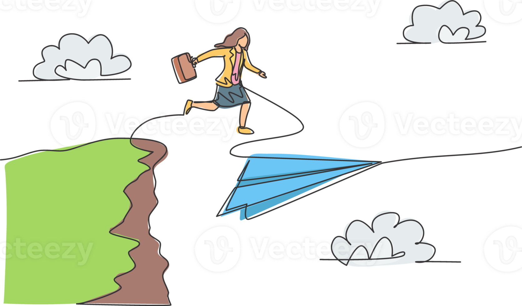 enda ett linje teckning ung affärskvinna Hoppar till flygande papper plan från topp av de klippa. företag utmaningar. liknelse minimal begrepp. kontinuerlig linje dra design grafisk illustration png