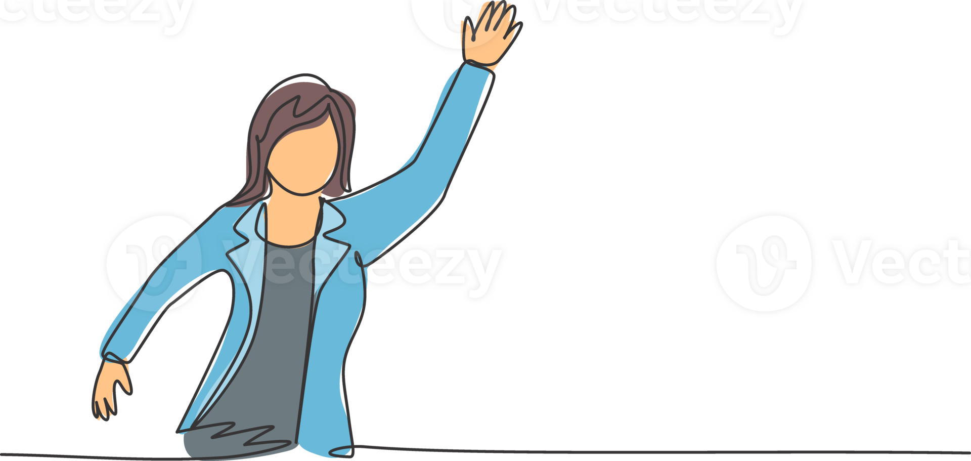 Continuous one line drawing of young female worker waving her hand to greet colleague. Success business manager. Metaphor minimalist concept. Trendy single line draw design graphic illustration png