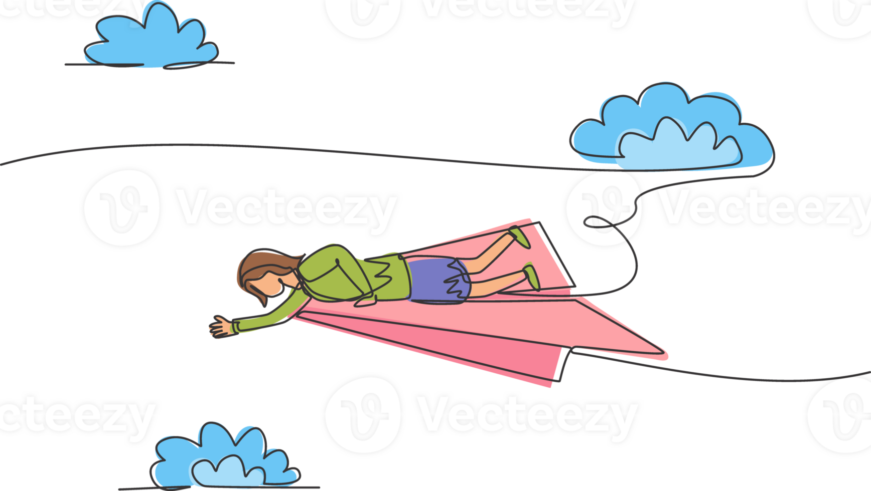Célibataire continu ligne dessin Jeune professionnel affaires femme allonger vers le bas sur en volant papier avion à atteindre affaires cible. minimalisme métaphore concept. un ligne dessiner graphique conception illustration png