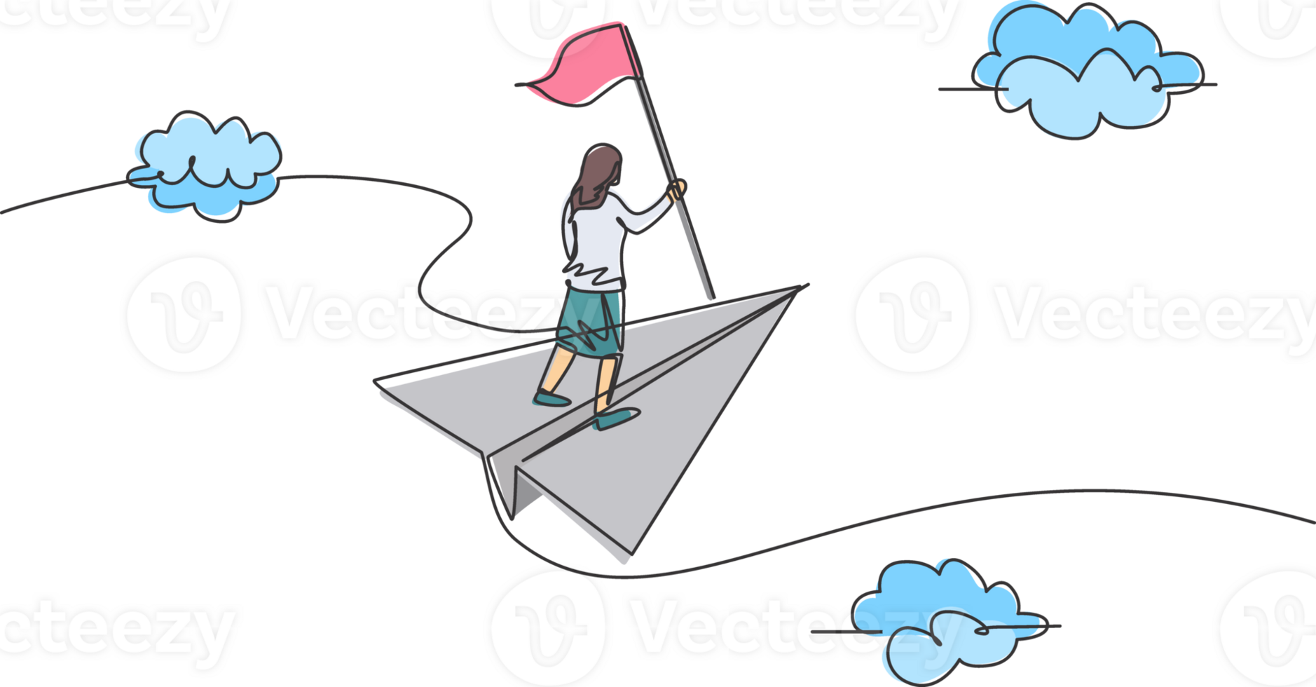 Single one line drawing of young businesswoman flying with paper plane and holding winning flag. Business goal. Metaphor minimal concept. Modern continuous line draw design graphic illustration png