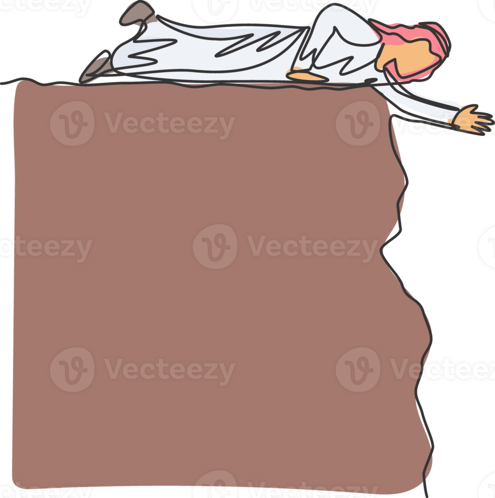 Continuous one line drawing of young Arab male worker lay down on cliff to help his colleague. Success business manager minimalist metaphor concept. Single line draw design graphic illustration png